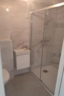 a bathroom with a shower and a toilet and a sink at Le Luciani in Coti-Chiavari