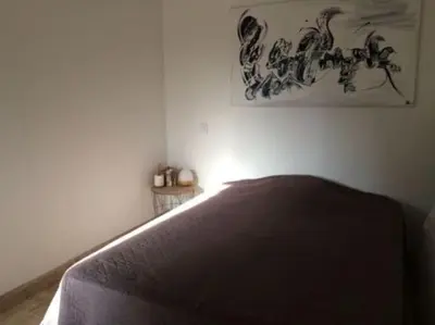 a bedroom with a bed and a picture on the wall at Petite maison en pierre in Saint-Florent