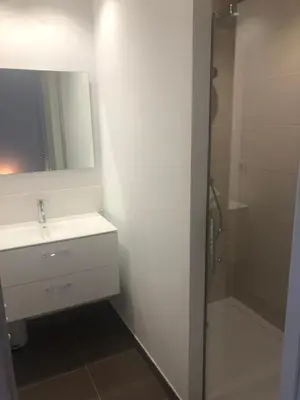 a bathroom with a sink and a shower with a mirror at Appartement les pieds dans l'eau 3 Chambres - Propriano - Corse in Propriano