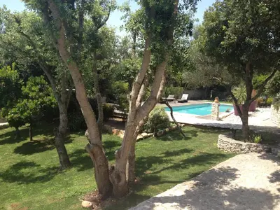 a yard with a pool and some trees and a person at Casa Martini in Bonifacio