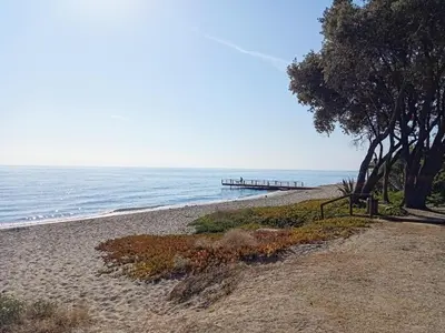 a sandy beach with a pier in the ocean at studio à 100m de la plage et de la piscine in Cervione