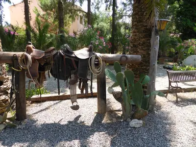 a garden with a saddle on a wooden fence at Relais de Bravone in Linguizzetta