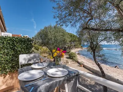 a sunset over a beach with a tree and the ocean at Apartment Cappone by Interhome in Sari Solenzara