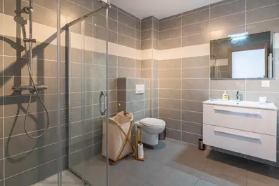 a bathroom with a shower and a toilet and a sink at Fronte di Mare - deux pièces en bord de mer in Propriano
