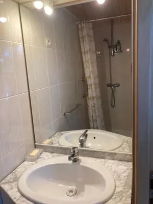 a bathroom with a sink and a shower with a mirror at Charmant studio avec piscine . in Afa