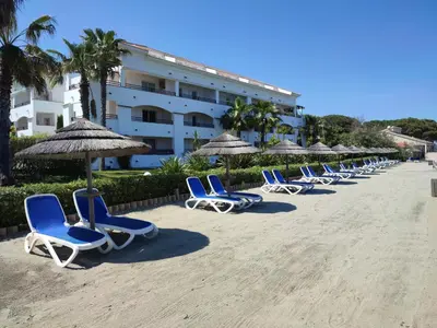 a row of chairs and umbrellas on a beach at Evasion Corse Direct mer Piscine Terrasse in Moriani Plage