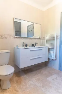 a bathroom with a toilet and a sink with a mirror at Appartement a Baracci in Olmeto