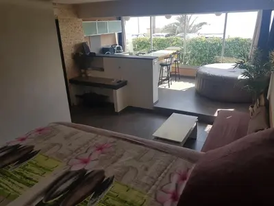 a room with a kitchen and a living room with a couch at JACUZZI AJACCIO ENTRE MER ET MONTAGNE 200m DES PLUS BELLES PLAGES in Ajaccio
