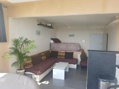 a living room with a couch and a bed at JACUZZI AJACCIO ENTRE MER ET MONTAGNE 200m DES PLUS BELLES PLAGES in Ajaccio