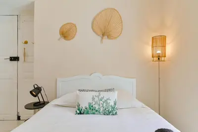 a bedroom with a white bed with a pillow on it at Studio rénové Hyper Centre- Ajaccio in Ajaccio