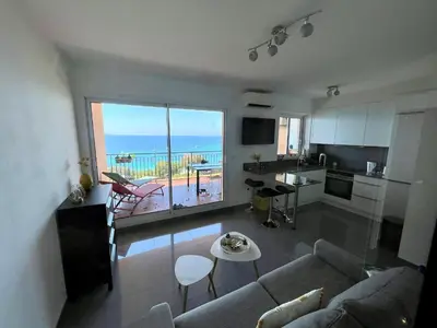 a living room with a couch and a view of the ocean at Superbe appartement T2 Vue magnifique Sanguinaires à 50m de la plage in Ajaccio