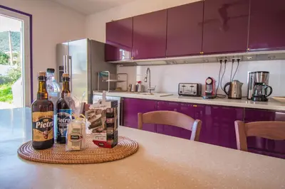 a kitchen with a table with bottles of alcohol on it at U Paradisu - Villa 10/12 pers avec piscine privée in Alata