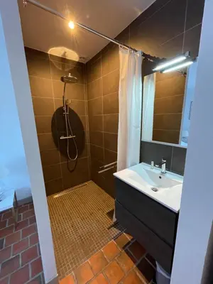 a bathroom with a shower and a sink at Villa à Conca avec piscine pour 8 personnes en Corse du Sud in Conca