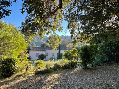 a house in the middle of a garden with trees at Villa à Conca avec piscine pour 8 personnes en Corse du Sud in Conca