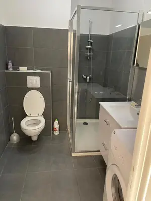 a bathroom with a shower and a toilet and a sink at Splendide vue dans ce studio ! in Ajaccio