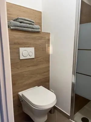 a small bathroom with a toilet and a towel at Maison Le Prunier avec piscine - Domaine E Case Di Cuttoli in Cuttoli-Corticchiato