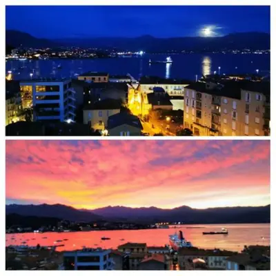 two pictures of a city at night and a sunset at Centre ville avec vue magnifique sur le golfe d'Ajaccio; parking privé. in Ajaccio