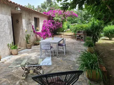 a patio with a table and chairs and pink flowers at maisonnette à la campagne in San-Gavino-di-Carbini