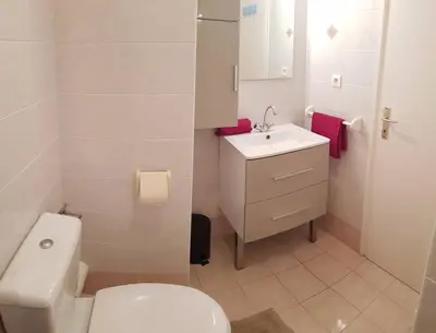 a bathroom with a white toilet and a sink at T1 vue mer bord de mer Ajaccio in Ajaccio