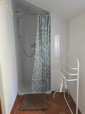 a shower with a shower curtain in a bathroom at Domaine de Valle in Sorbo-Ocagnano