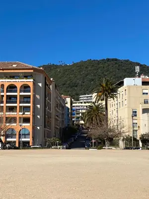 a city with buildings and palm trees and a mountain at 2 pièces / neuf - Ajaccio centre - Place Miot / Albert 1er in Ajaccio