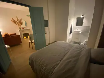a bedroom with a bed and a living room with a fireplace at 2 pièces / neuf - Ajaccio centre - Place Miot / Albert 1er in Ajaccio