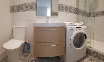 a bathroom with a washing machine and a toilet at Cosystudio centre Ajaccio in Ajaccio