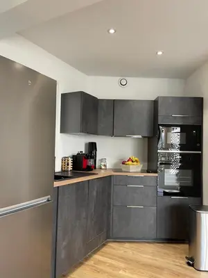 a kitchen with stainless steel appliances and black cabinets at Charmant T2 refait à neuf in Ajaccio