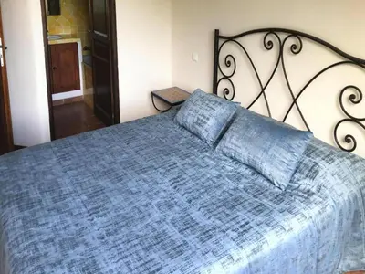 a bedroom with a bed with a blue comforter at Apartment in Corsica near Canella Beach in Favone