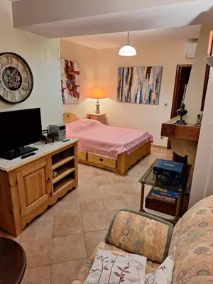a living room with two beds and a tv at Duplex Belvédère-Campomoro, vue mer in Belvédère