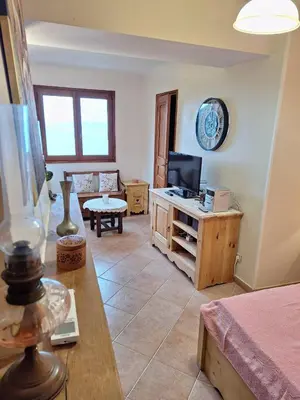 a living room with a couch and a television at Duplex Belvédère-Campomoro, vue mer in Belvédère