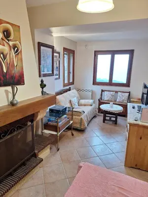 a living room with a couch and a fireplace at Duplex Belvédère-Campomoro, vue mer in Belvédère