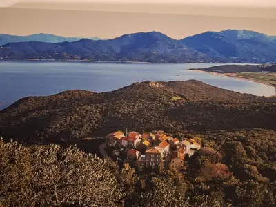 an aerial view of a house on a hill next to water at Duplex Belvédère-Campomoro, vue mer in Belvédère