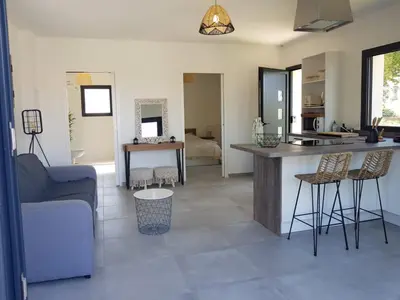 a kitchen and living room with a couch and a table at Maisons T2 avec jardins privatifs - 10mn de la plage et 5mn du village - Casa di i trinelli in Vescovato
