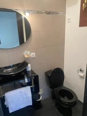 a bathroom with a black toilet and a sink at CHAMBRES D'HOTES CENTRE CORSE in Venaco