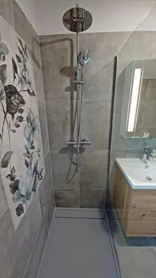 a bathroom with a shower and a sink at Douceur du soir - Duplex 45m2 - Terrasse - Jardinet - Wifi fibre - Plage à pied in Porticcio