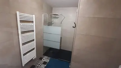 a small bathroom with a shower and a sink at Résidence Les Marines de Moriani pieds dans l'eau duplex avec terrasses vue mer, 4-8 pers in San-Nicolao