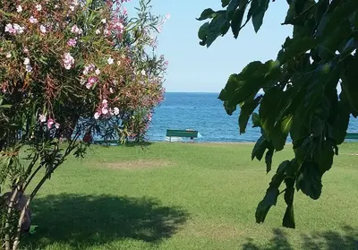 a park bench in front of the ocean at Kazamasavani - Belle maison proche mer in Cervione