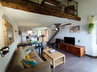 a living room with a couch and a tv at Entre mer & maquis, l'âme de la Corse en gîtes de charme avec jacuzzi, proche Ajaccio in Peri