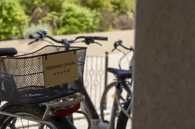a basket on a bike with a sign on it at Résidence Omigna in Cargèse