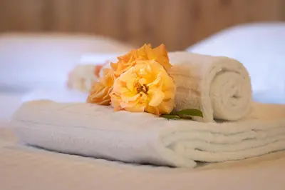 a towel with a flower on it on a bed at Mare E Monti Chalets in Porto Pollo
