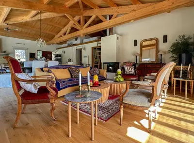 a living room with a couch and chairs at Villa Pol & Dod - Piscine et vue sublime in Monacia-dʼAullène