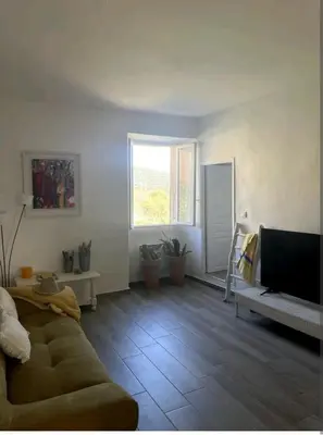 a living room with a couch and a television at Appartement Vue mer en plein centre de Cargese in Cargèse