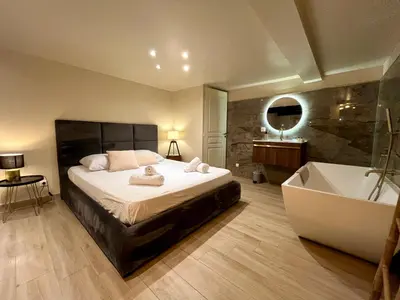 a bedroom with a large bed and a bath tub at Beau F2 centre ville in Ajaccio