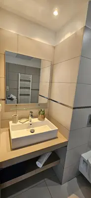 a bathroom with a sink and a mirror at Grand & beau studio climatisé vue sur mer in Propriano