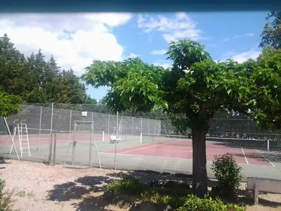 a tennis court with a tree in the foreground at MORIANI STUDIO CABINE CLIMATISE 4 à 5 pers in San-Nicolao