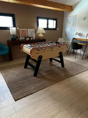 a living room with a pool table on a rug at Très belle villa avec piscine chauffée CASALEONI in Prunelli-di-Fiumorbo