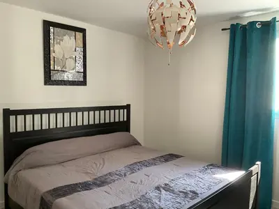 a bedroom with a bed and a chandelier at VILLA OCEANE in San-Nicolao