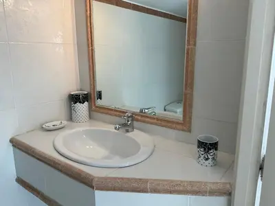 a bathroom with a sink and a mirror at VILLA OCEANE in San-Nicolao