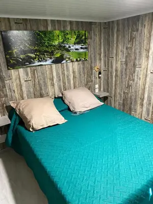 a bedroom with a blue bed with a wooden wall at L ASCOSU in Ventiseri